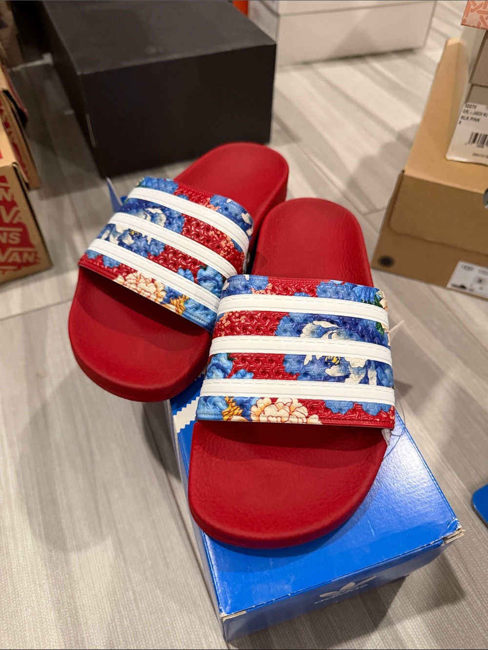 adidas Red Floral Slide Sandals with White Stripes